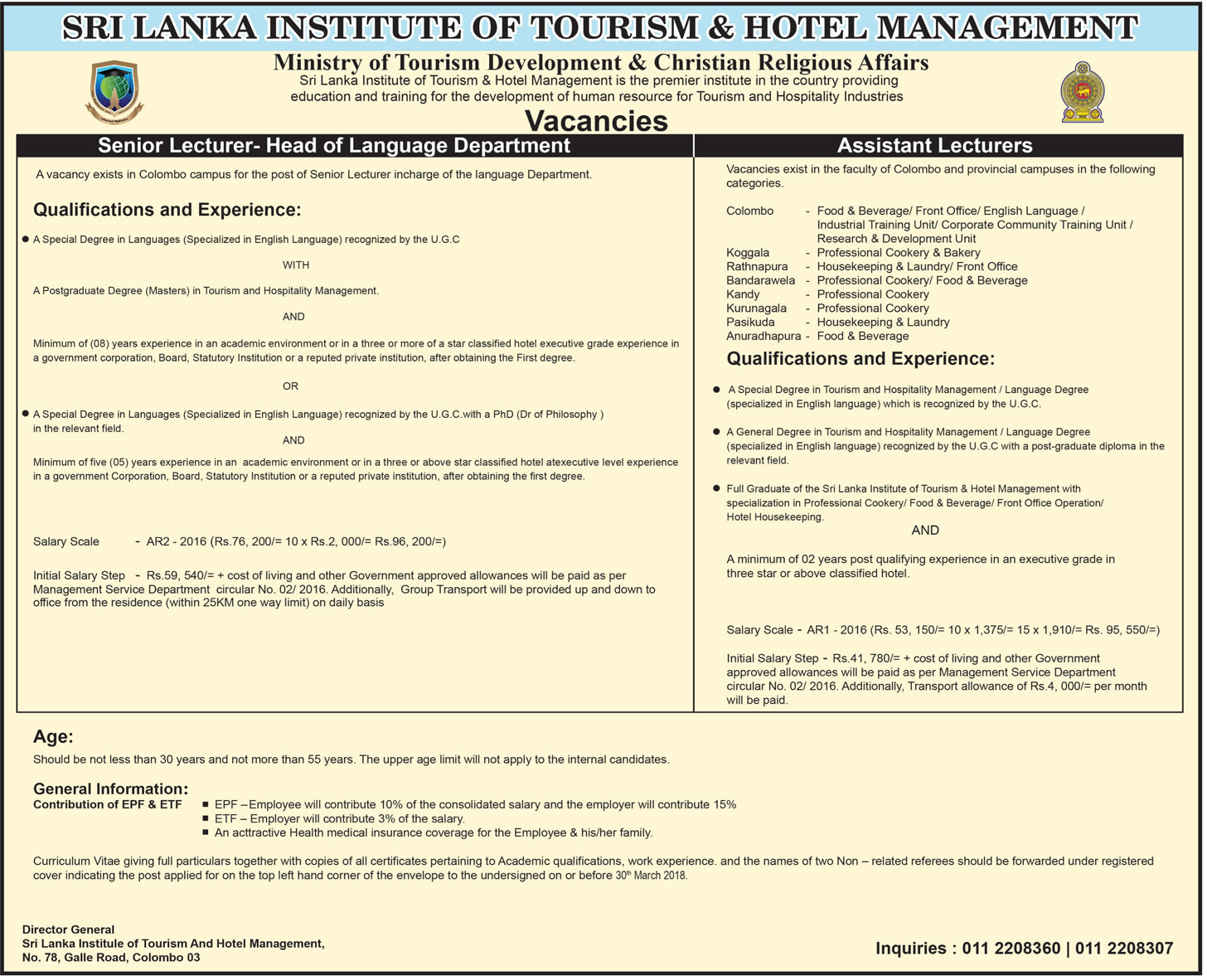 Senior Lecturer, Assistant Lecturer - Institute of Tourism & Hotel Management